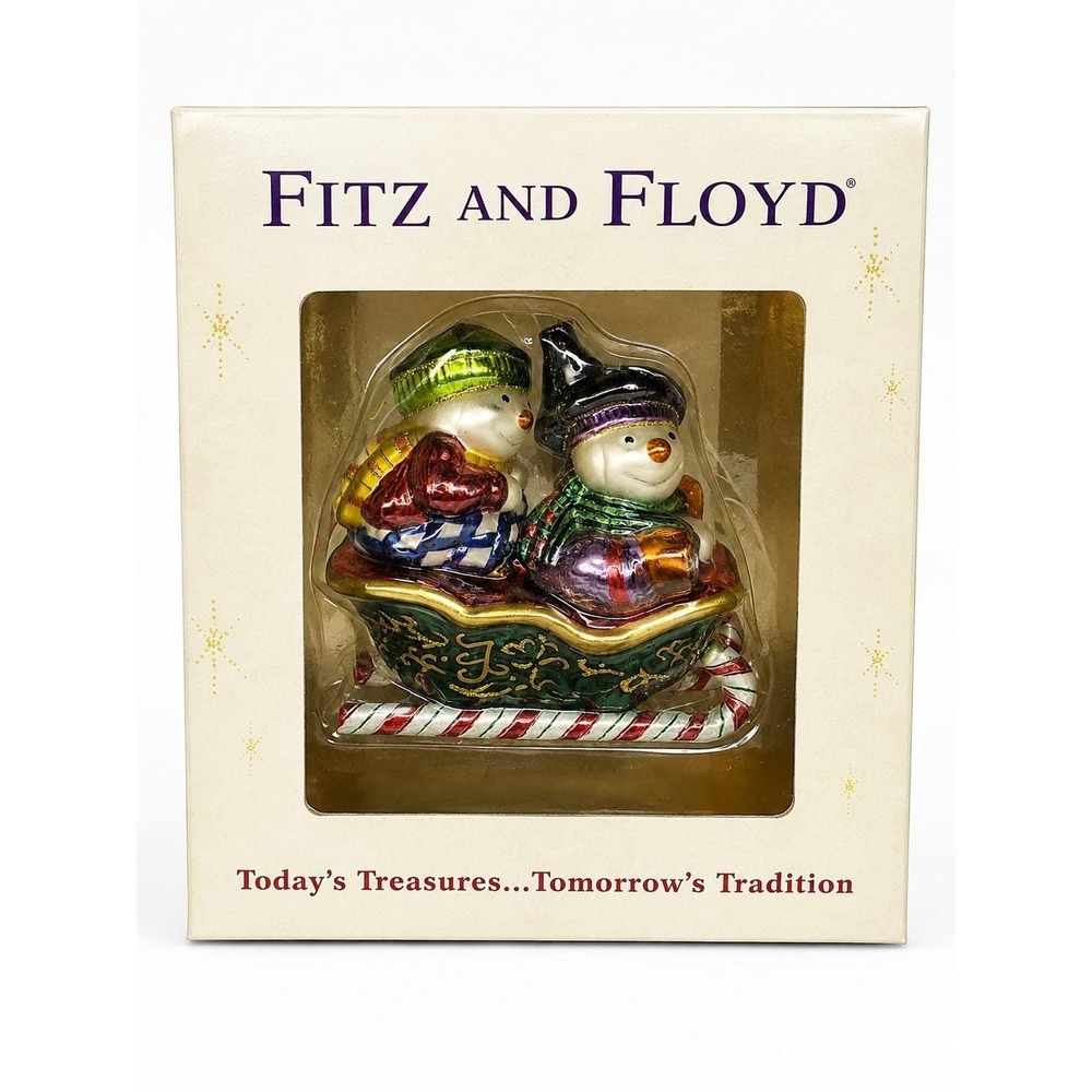 Fitz and Floyd Snowmen Sleigh Christmas Ornament Glass Holiday Decor w/ Box
